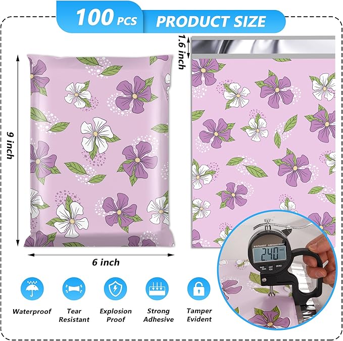 Poly Mailer 6x9 Inch 100 Pcs, Waterproof and Tear-Resistant Shipping Bags for Clothing, Strong Self-Sealing Mailing Bags with Purple Flower Printed Packaging