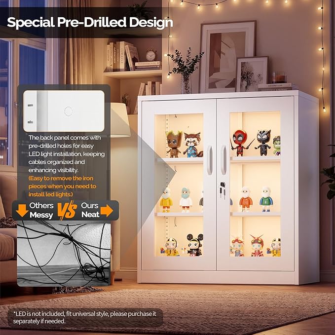 VINGLI Lockable Display Cabinet with Glass Door & 3 Shelves, 35.5" H Metal Storage Cabinet Curio Liquor, Bookshelf Bookcase for Home Office Living Room Pantry Garage (White)