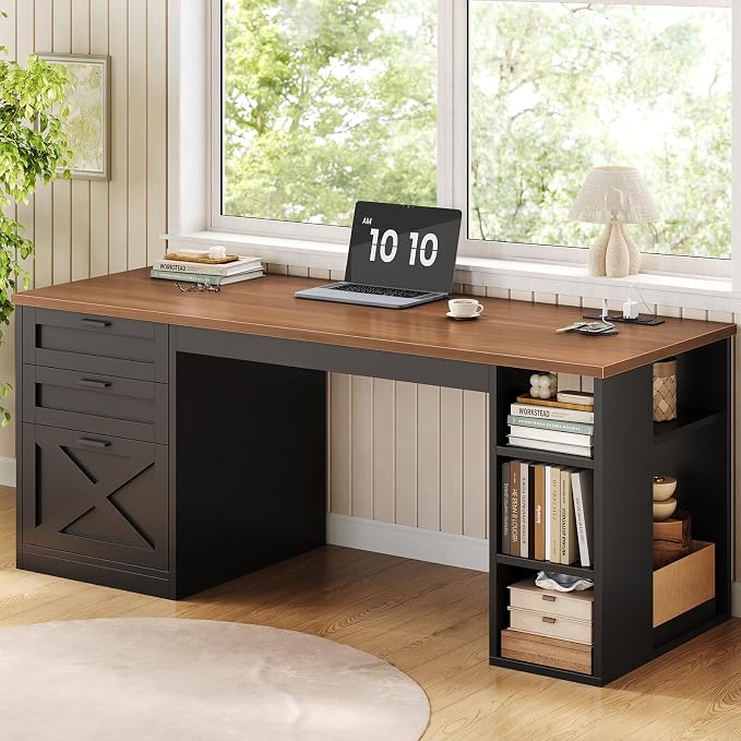 SEDETA 55.1" Farmhouse Office Desk with 3 Drawers for Home Office | Computer Desk with File Drawer & Storage Shelves, Home Office Desk with Power Outlet for Home Office,Black and Brown
