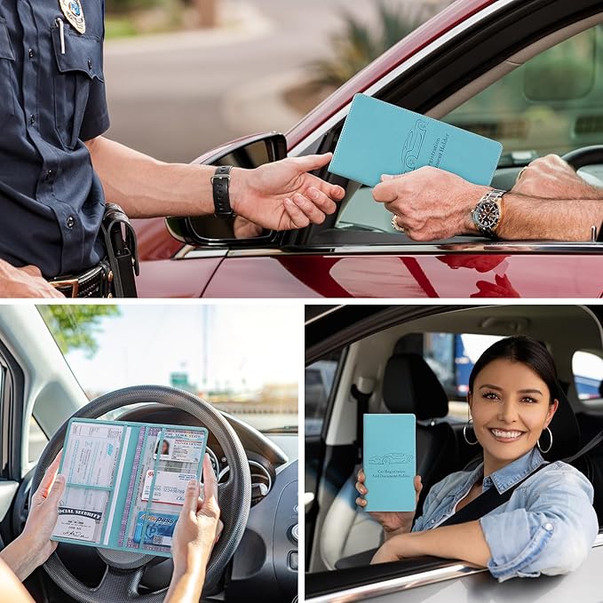 Car Registration and Insurance Card Holder for Women Men, Blue Glove Box Paperwork Organizer with Magnetic Buckle for Easy Access and Protect Documents and Various Cards in Vehicle
