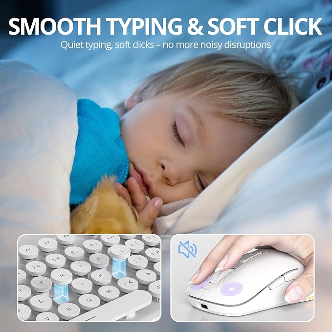 Backlit Wireless Keyboard and Mouse, 2.4GHz Light Up Typewriter Rechargeable Cordless Quiet Keyboard with USB Receiver for PC/Laptop (White)