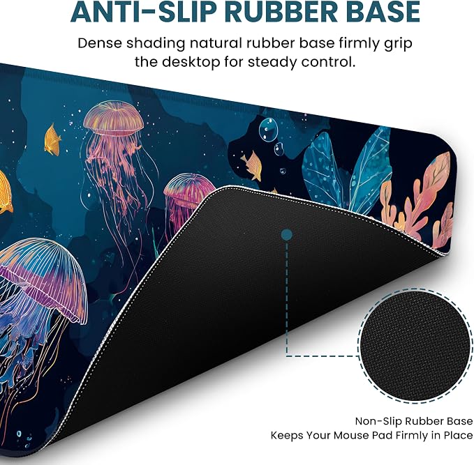 Aesthetic Desk Mat, Cute Ocean Jellyfish Desk Pad Protector for Work & Decor, 31.5" x 11.8", Pretty Non-Slip Extended Mouse Pad for Office or Home