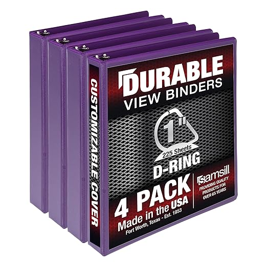 Samsill Durable 1 inch 3 Ring Binder, D Ring Binder, 100% Recycled Chipboard, Purple, 4 Pack