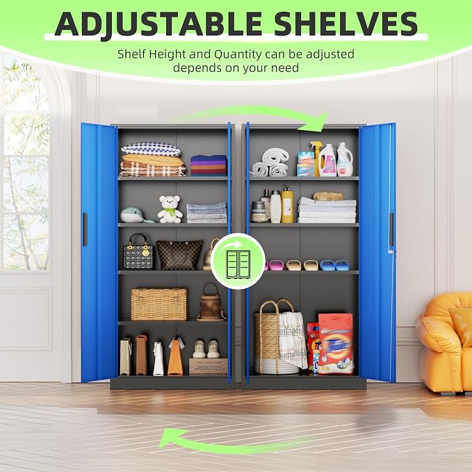Metal Storage Cabinet, 72" Locking Steel Cabinets with 2 Door and 4 Adjustable Shelves, Tall Metal Cabinet for Home Office, Garage, Warehouse, Black+Blue