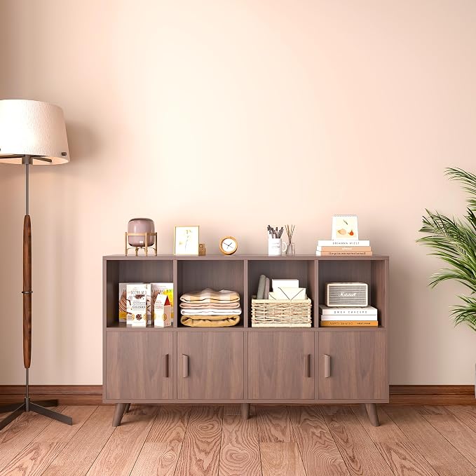 8-Cube Bookcase with Doors, 2-Tier Low Storage Cabient, Walnut | Solid Wood Legs and Door Handles, Cubby Shelf with 4 Doors, Fits 11×11" Bins for Home & Office