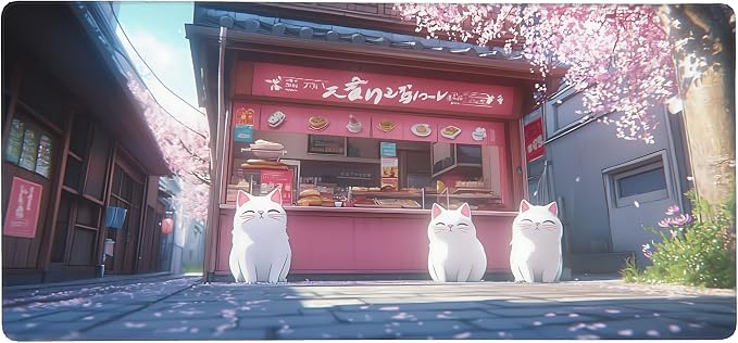 Cute Anime White Cat Gaming Mouse Pad, Blue Pink Anime Desk Mat with Anti-Slip Base & Stitched Edges, Computer Keyboard & Laptop Pad, 35.4" x 15.7" in in Workstation Accessories