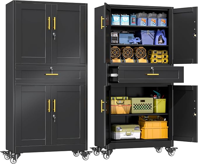 erosoei 75" H Metal Garage Storage Cabinet, Rolling Tool Cabinet with 2 Doors and Wheels, Locker Steel Cabinet with 4 Adjustable Shelves and Drawer, Organization Cabinet for Garage,Office,Gym