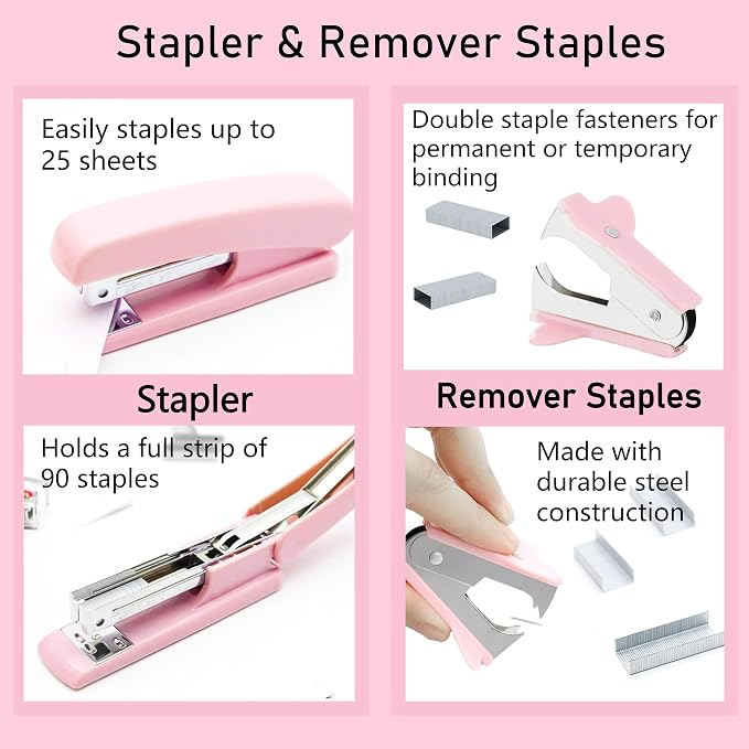 Pink Desk Accessories, Pink Office Supplies, Stapler, Staple Remover, Tape Holder, Pen Holder, Ballpoint Pen, Scissor, Binder Clips, Paper Clips and 1000pcs Staples.