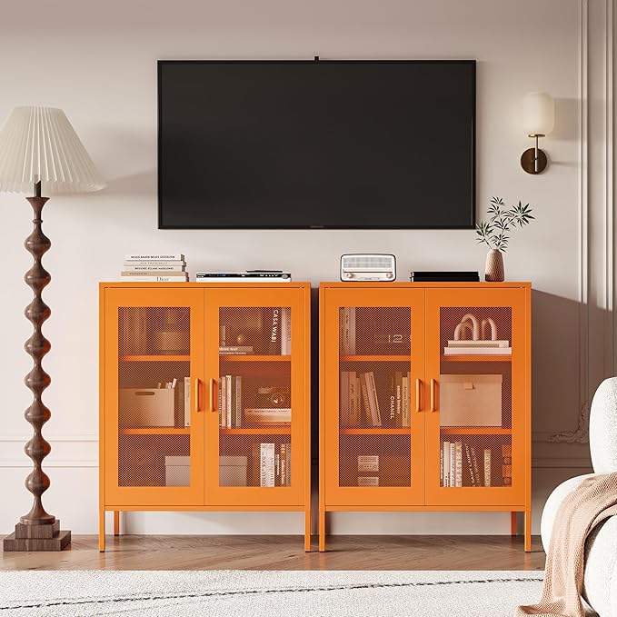 Chshin Metal Locker Storage Cabinet with 2 Mesh Doors and Adjustable Shelves,Orange Metal Locker Cabinets,Coffee Bar Cabinet,Kitchen Pantry Storage Cabinets for Home,Sideboard,Office(40" H)