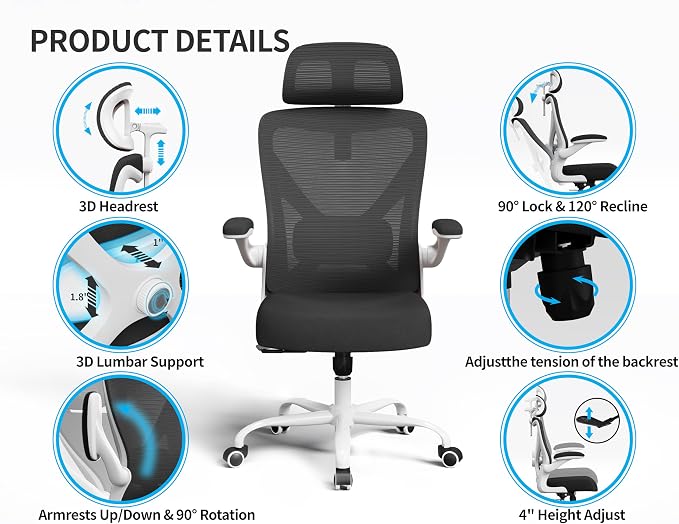 Ergonomic Office Chair: Mesh Desk Chair Comfy with Headrest& Lumbar Support | Ergalithic Big and Tall Office Chairs with Wheels & Flip-Up Arms-Computer Gaming Chairs for Adults Home Office (White Black)