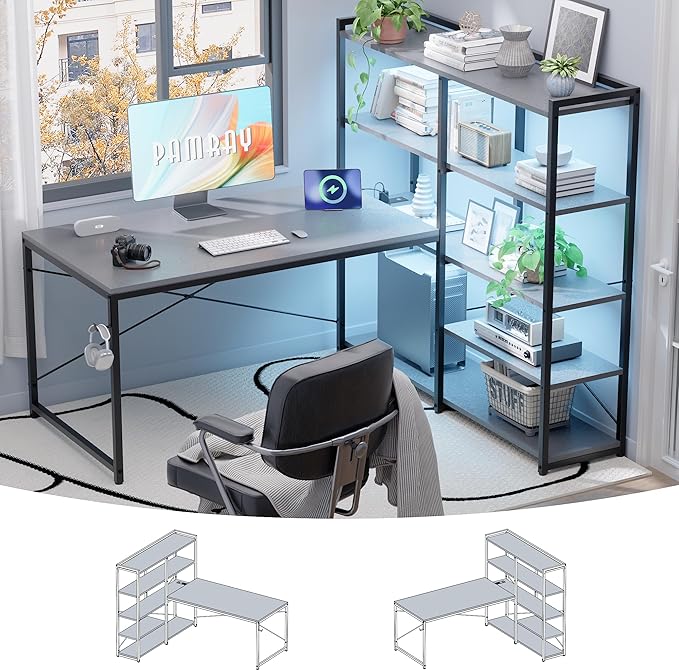 Pamray L Shaped Computer Desk with Reversible Side Storage Shelves, 49 Inch Gaming Desk with Power Outlets and Led Lights, PC Table for Home Office and Bedroom Grey