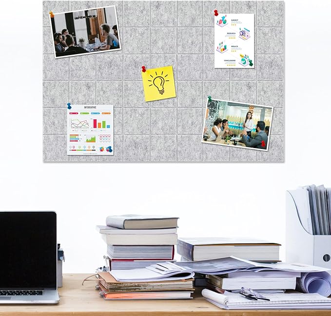 Large Square Felt Cork Board Tiles, Self Adhesive DIY Felt Bulletin Board Pin Board with 35 Pushpins for Office School Home Wall Decor Stickers Memos Photos Display (Light Grey)