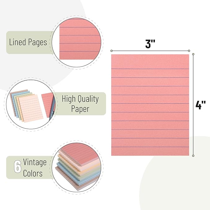 Mr. Pen- Lined Sticky Notes, 3”x4”, 360 Sheets, Vintage Colors,Colorful Sticky Notes with Lines, Sticky Note Pads, Mr Pen Sticky Notes, Stocky Notes for Bible Journaling