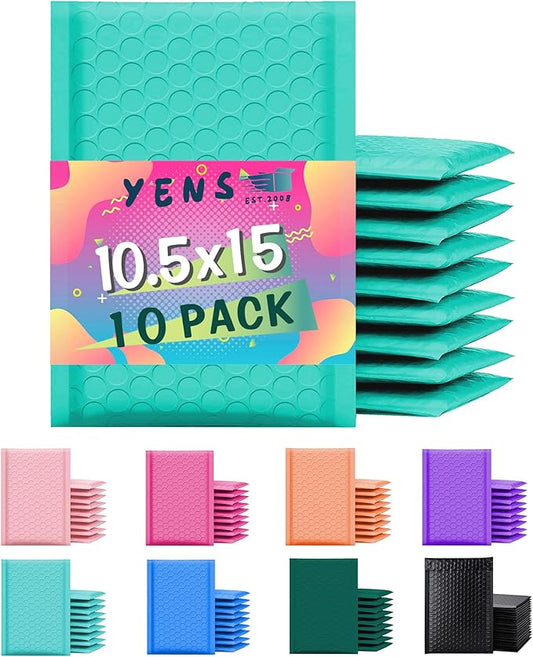 Yens Poly Bubble Mailers 10.5x16 10 Pack Teal Waterproof Self Seal Adhesive Shipping Bags, Cushioning Padded Envelopes for Shipping, Mailing, Packaging Usable 10.5x15