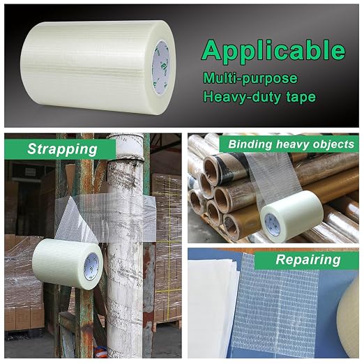 BOMEI PACK Wide Fiber Reinforced Packing Tape 8 inch, Clear Heavy Duty Bi Directional Fiberglass Filament Strapping Tape 8Inch x 55yds 6.7Mil