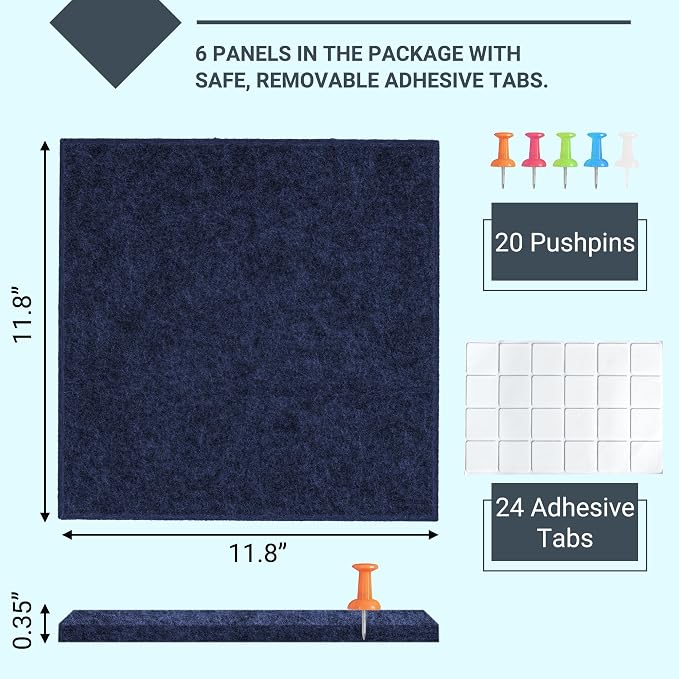 AKTOP Cork Board Bulletin Board 24"x36", 6 Pack Removable Felt Cork Board Tiles for Wall, Large Corkboard Notice Pin Board for Office, School & Home,24 Safe Adhesive Tabs, 20 Push Pins, Dark Blue