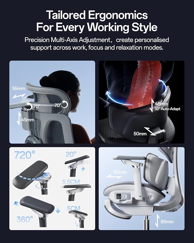 Hbada X7 Smart Ergonomic Chair, Office Chair, with Fully Automated Lumbar Tracking, 4D Adjustable Headrest, 720° Adjustable Armrests, Ventilated Seat Cushion, Swivel, Black