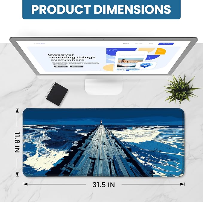 Aesthetic Desk Mat, Cute Coastal Pier Desk Pad Protector for Work & Decor, 31.5" x 11.8", Pretty Non-Slip Extended Mouse Pad for Office or Home