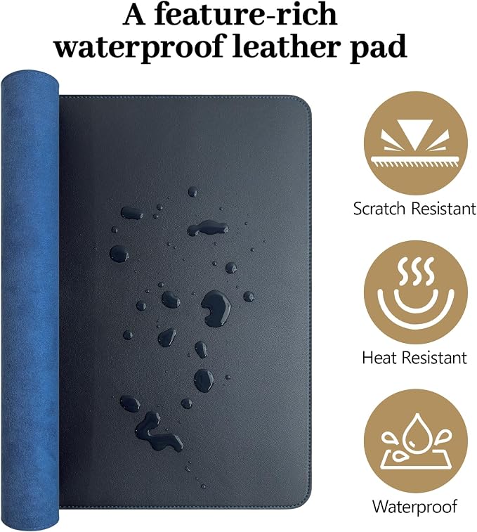 Dark Blue Leather Desk Pad Large Mouse Pad, 31.5"x15.7" | Waterproof Desk Mat for Keyboard and Mouse, Non-Slip Computer Desk Protector, Smooth Mouse Control for Home Office