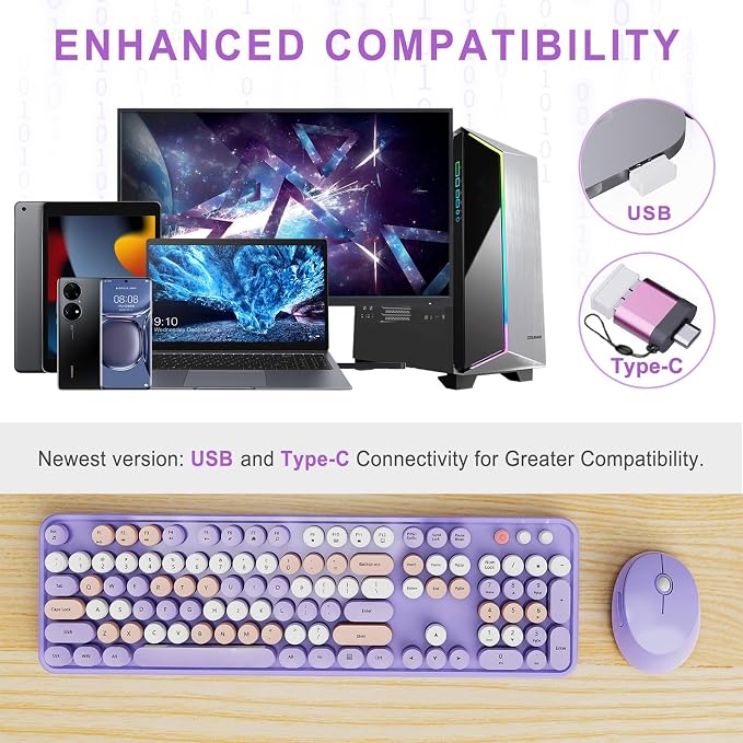 SkyGive Wireless Keyboard and Mouse Combo, Ergonomic Full Size Typewriter Retro Round Keycaps Keyboard, Compatible with Windows, PC, Perfer for Home and Office Keyboards (Lavender Purple