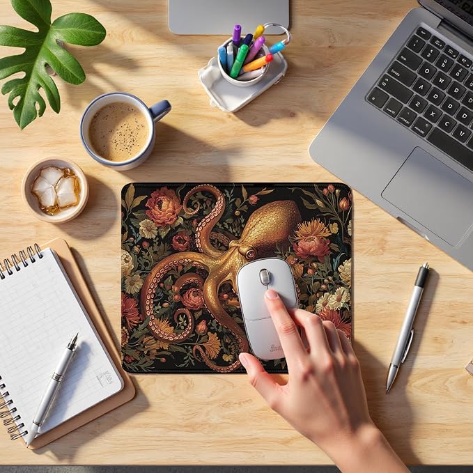 Vintage Moody Floral Octopus Mouse Pad, Dark Academia Cottagecore Wildflower Octopus Mouse Pads Mousepad for Home Office Dorm Computers Laptop Supplies Desk Accessories, 9.5x7.9 Inch