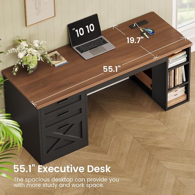 SEDETA 55.1" Farmhouse Office Desk with 3 Drawers for Home Office | Computer Desk with File Drawer & Storage Shelves, Home Office Desk with Power Outlet for Home Office,Black and Brown