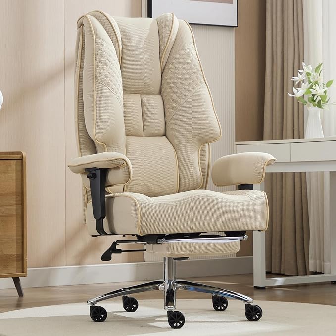 Big and Tall Office Chair 400lbs Wide Seat, Leather High Back Executive Office Chair with Lumbar Support, Ergonomic Chairs Padded Armrests & Thick Cushion (Mesh Beige)