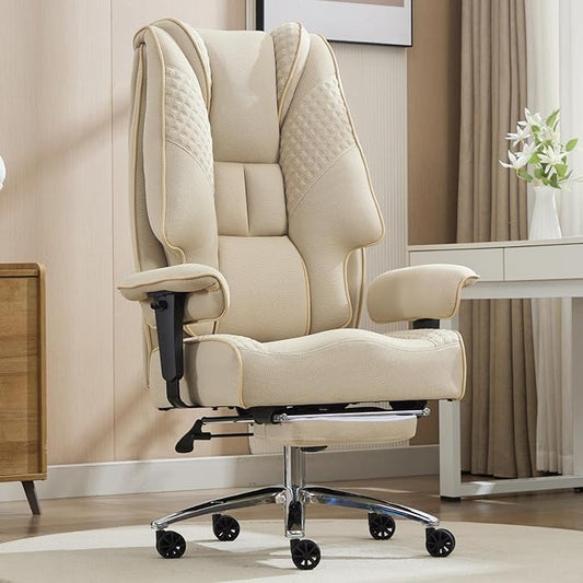 Big and Tall Office Chair 400lbs Wide Seat, Leather High Back Executive Office Chair with Lumbar Support, Ergonomic Chairs Padded Armrests & Thick Cushion (Mesh Beige)