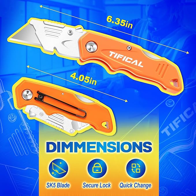 16Pack Box Cutter Retractable, Folding Utility Knife with 20 Blades | SK5 razor knife blades, quick change pocket knife, navajas para trabajo for cardboard, drywall, rope, linoleum and packages