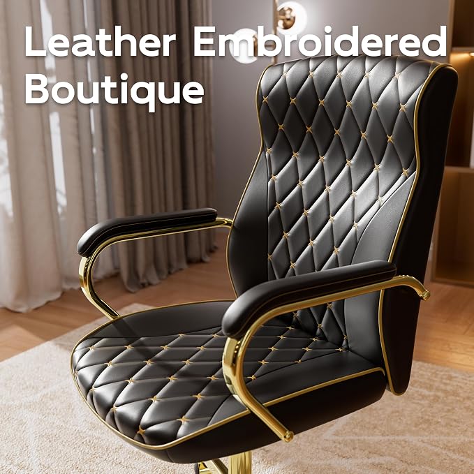 Black and Gold Office Chair, Luxury Leather Executive Desk Chair | Elegant Timeless Appeal, Vintage Mid Back Styling with Wheels and Padded Arms, Thick High Density Foam Comfort
