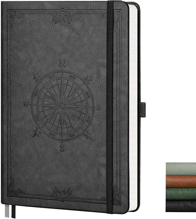 AHGXG Dotted Journal Notebook, 192 Pages, A5 Medium Size (5.7'' x 8.3'') | Leather Hardcover, 100 GSM Thick Paper, for Journaling, Planning, Tracking (Black)