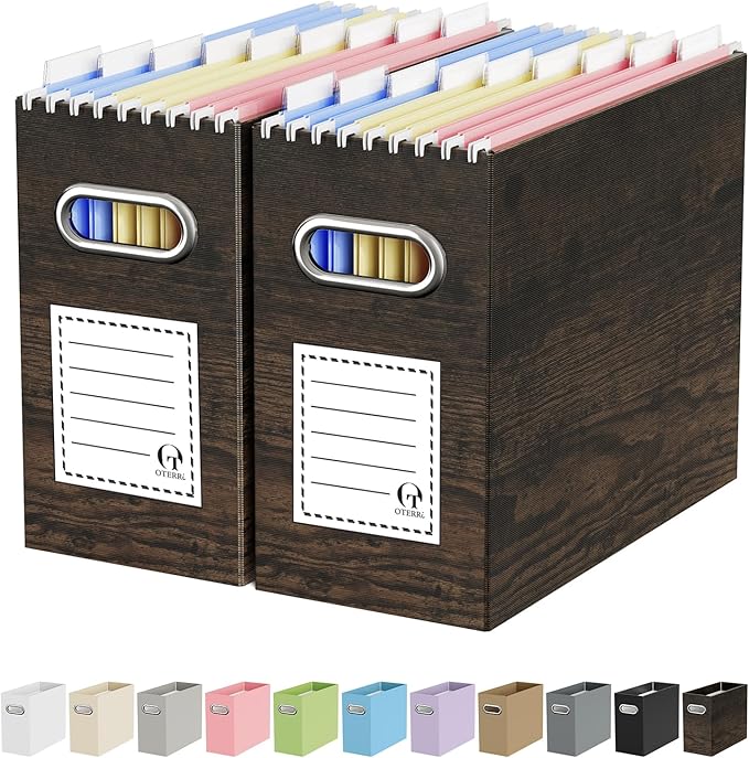 Portable Collapsible Cardboard File Box with Handle for Letter-Size | 2-Pack. Stainless Steel Handle. Label Stickers Included. Fits Letter Folders (Not Included). Home, Office, School, Dorm, Tax.