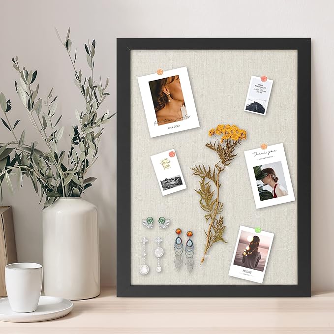 AKTOP Cork Board Bulletin Board with Linen 16.7" X 11", Small Framed Corkboard for Wall, Hanging Pin Board Picture Board for Home Office Decor, Cute Vision Board with 8 Pushpins (Classic Black)