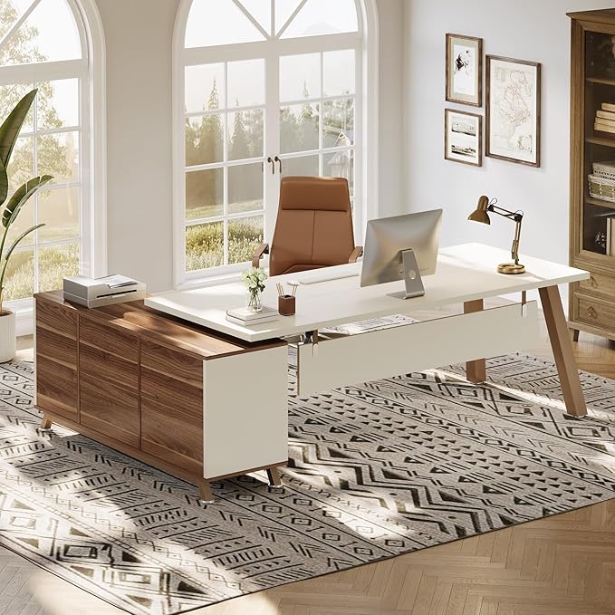Tribesigns 78.7" L-Shaped Executive Desk, Modern Office Desk with File Drawers & Storage Shelves, Large Computer Desk with 55-Inch Cabinet, Business Workstation for Home Office, Beige & Walnut