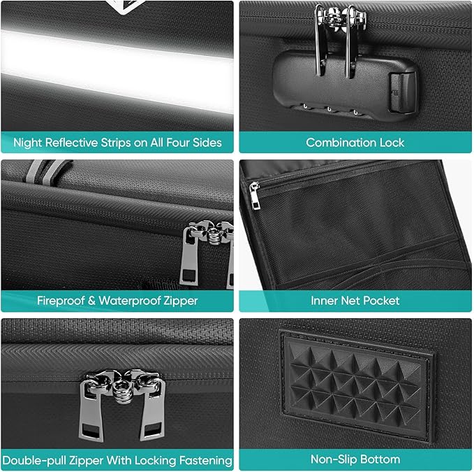 BALEINE Fireproof Document Box with Lock, Portable Waterproof Fire Proof File Organizer Box, File Storage Bag Safe Box for Important Paperwork (Black, 16''x12.5''x11.5'')