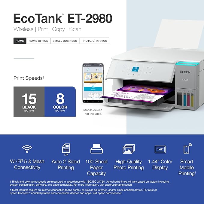 Epson EcoTank ET-2980 Wireless All-in-One Color Supertank Printer with up to 3 Years of Ink Refillable Tanks, Perfect for Home, 15 PPM, 1.44" Colorful Screen, Auto 2-Sided Printing - White