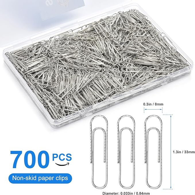 Paper Clips for Office School Supplies, Nonskid Paper Clip 700pcs，1-2/7" Silver PaperClips for Paperwork Office School and Home Personal Use