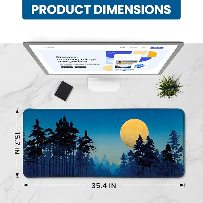 Aesthetic Desk Mat, Cute Moon Birch Desk Pad Protector for Work & Decor, 35.4" x 15.7", Pretty Non-Slip Extended Mouse Pad for Office or Home