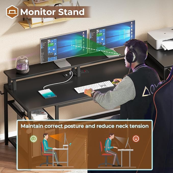 SEDETA 59" Office Desk with Drawers, Reversible Computer Desk with File Drawers & Storage, Gaming Desk with LED Lights & Power Outlet, Home Office Desks for Printer, Black