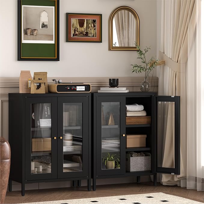 YAUWOH Metal Bathroom Cabinet with Glass Doors,Bathroom Floor Storage Cabinet with 2 Adjustable Shelves & 2 Doors, Sideboard for Small Spaces, Living Room, Dining Room, Home Office