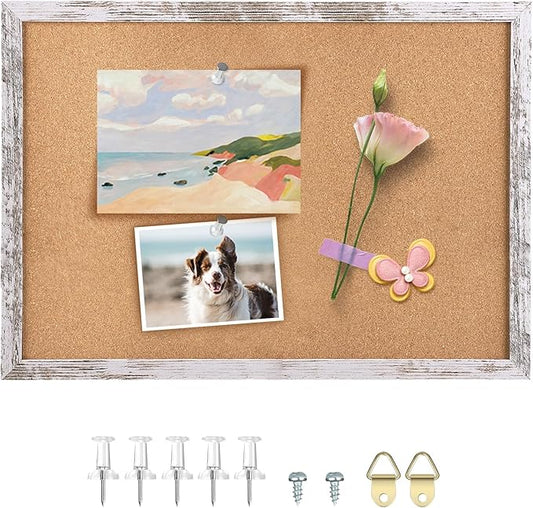 Cork Board Bulletin Board, 17x13 inches Decorative Hanging Framed Cork Boards for Walls, Pin Board Vision Board for School Home Office, Bulletin Board with White Wood Frame (4333,WH,1pc)