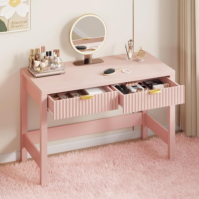 39 Inch Small Fluted Computer Desk with 2 Drawers for Bedroom, Home Office | Small Computer Desk with Storage, Compact Writing Study Desk for Small Spaces, Blue