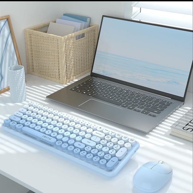 UBOTIE Wireless Keyboards and Mouse Combo (Blue Gradient) | Colorful Gradient Rainbow Color Retro Typewriter Flexible Keyboard, 2.4GHz Connection and Optical Mouse for PC Wins Mac