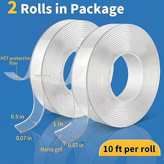 KUSUFEFI Double Sided Adhesive tape Heavy Duty, Double Stick Mounting (2 Rolls, Total 20FT), Clear Two Sided Wall tape Strips, Removable Poster tape for Home, Office, Car, Outdoor Use