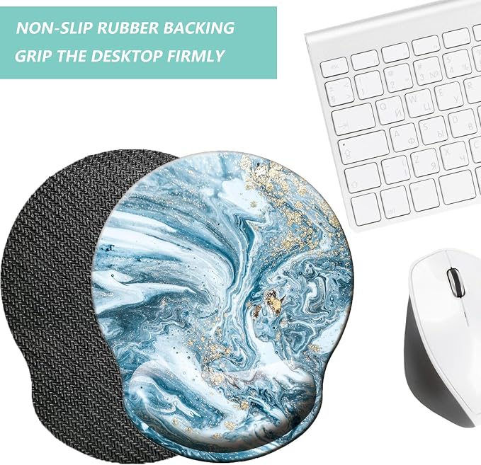Mouse Pad with Wrist Support, Ergonomic Mouse Pad with Memory Foam Wrist Rest Cushion, Non-Slip Rubber Base Gaming Mice Pad for Home Office Computer Laptop, Blue Marble