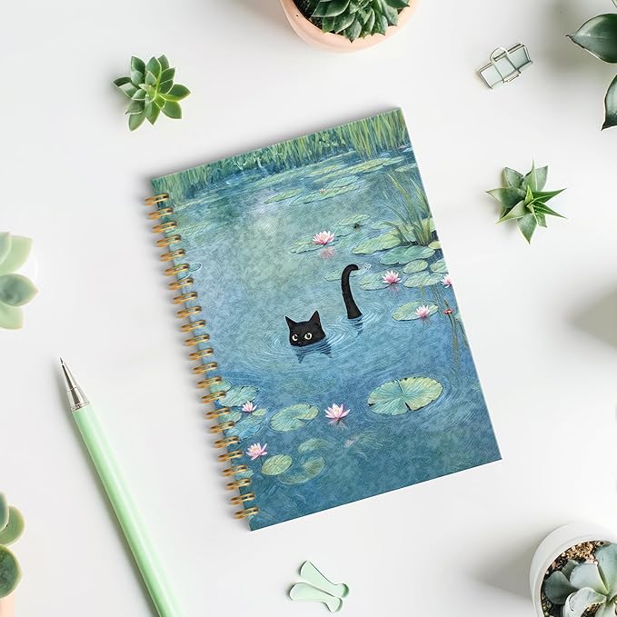 ROXMART Funny Black Cat in Water Lily Pond Spiral Notebook Journal, Cat Lover Mom Lady Gifts for Women, Whimsical Cute Black Kitty Kitten Hardcover Notebook Journal, 5.5x8.3 Inch