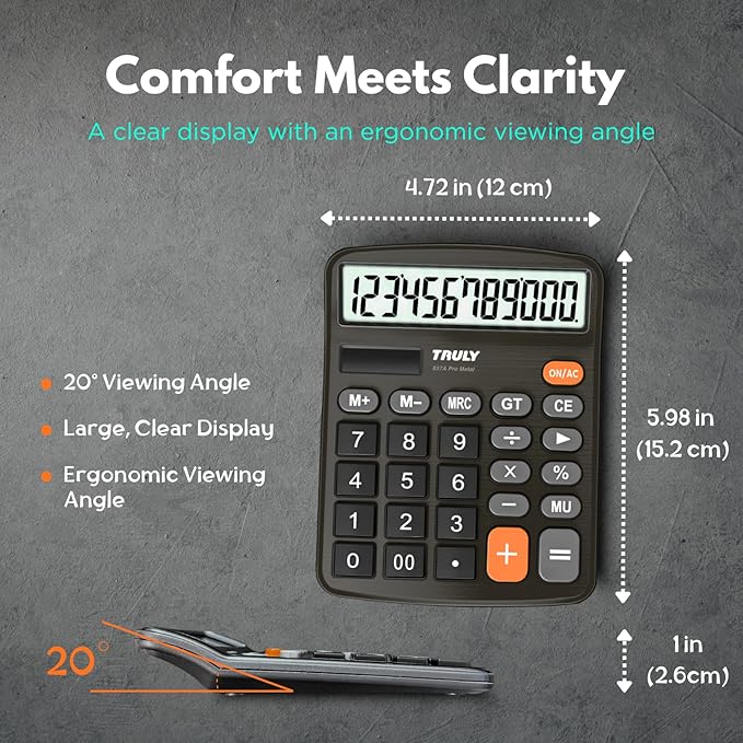 TRULY 12-Digit Desktop Calculator with Large Display, Big Buttons, Dual Power (Solar + Battery), Metal Finish, Ideal for Office, Home, School – 837A Pro Black