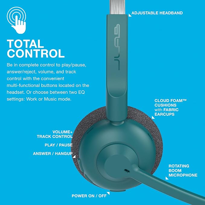 JLab, Go Work Pop, On-Ear Wireless Headset, Bluetooth Multipoint, Noise Canceling Boom Mic, Teal