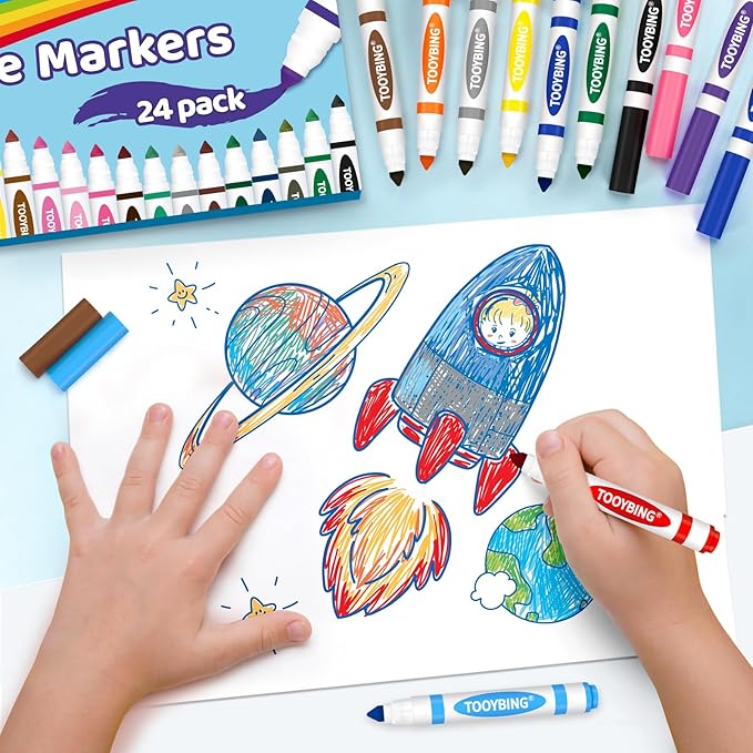 24 Color Washable Markers, Colored Washable Markers for Kids, Broad Tip Durable for Coloring Book, Back to Classroom Art School Supplies for Students Teachers Children