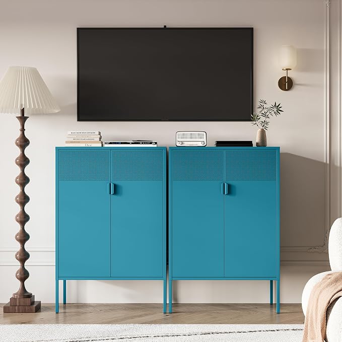 Chshin Metal Storage Cabinet,Kitchen Pantry Storage Cabinets with Doors,Buffet Cabinet with 2 Adjustable Shelves,Blue Pantry Cabinets,Steel Sideboard for Home,Shoes,Office,Dining Room